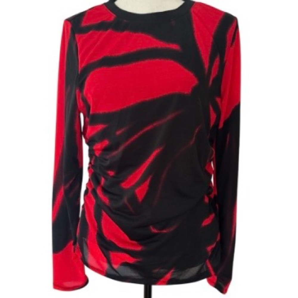 DKNY Abstract Print Ruched Shirt Mesh Long Sleeve Sheer Black Red Medium Top